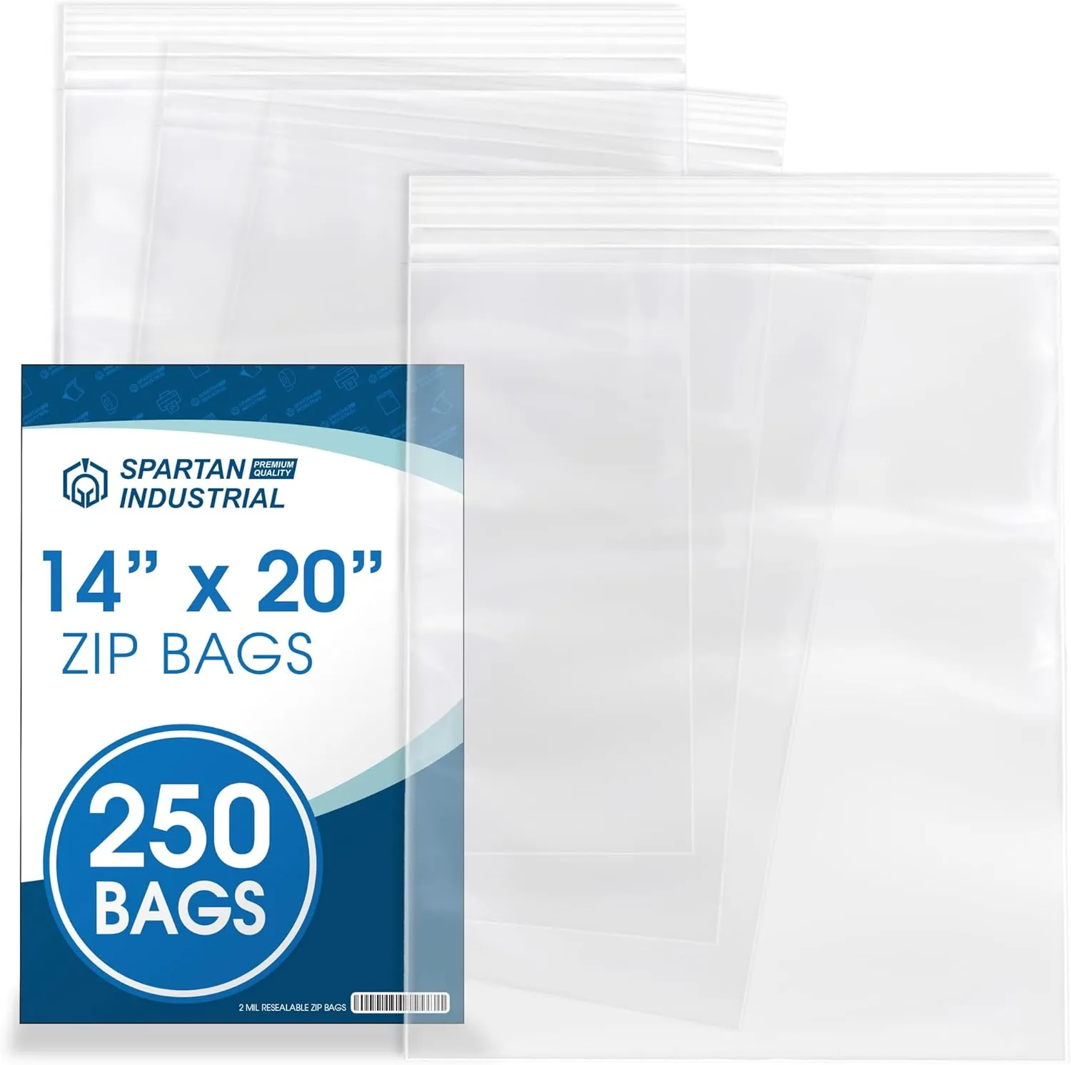Spartan Industrial - 14” X 20” (250 Count) 2 Mil Clear Reclosable Zip Plastic Poly Bags with Resealable Lock Seal Zipper
