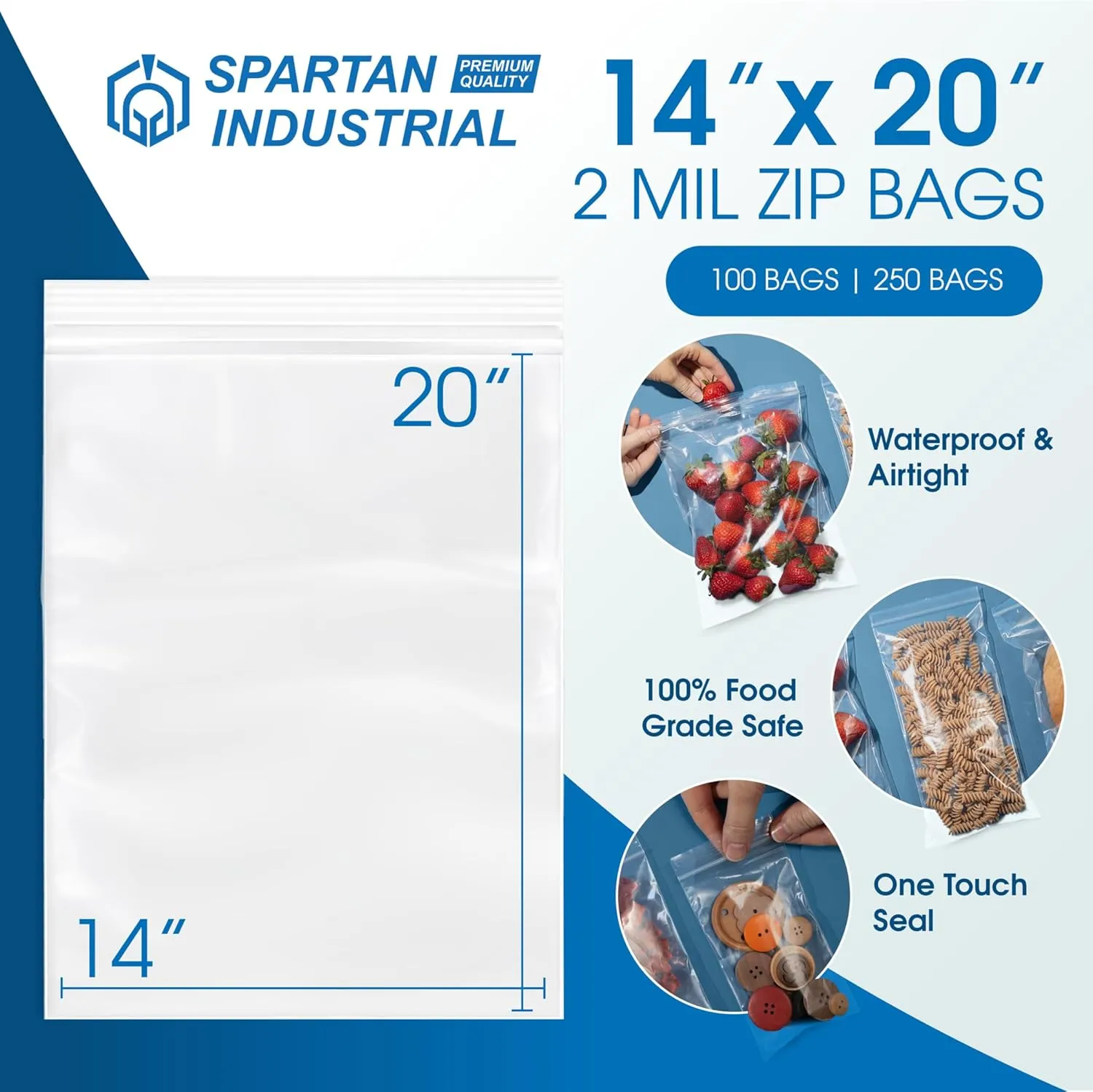 Spartan Industrial - 14” X 20” (250 Count) 2 Mil Clear Reclosable Zip Plastic Poly Bags with Resealable Lock Seal Zipper