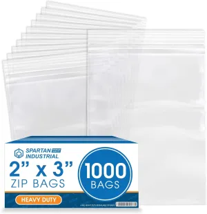 Spartan Industrial - 2” X 3” (1000 Count) 4 Mil Thick Clear Reclosable Zip Plastic Poly Bags with Resealable Lock Seal Zipper - Heavy Duty and Durable