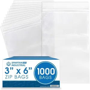 Spartan Industrial - 3” X 6” (1000 Count) 2 Mil Clear Reclosable Zip Plastic Poly Bags with Resealable Lock Seal Zipper