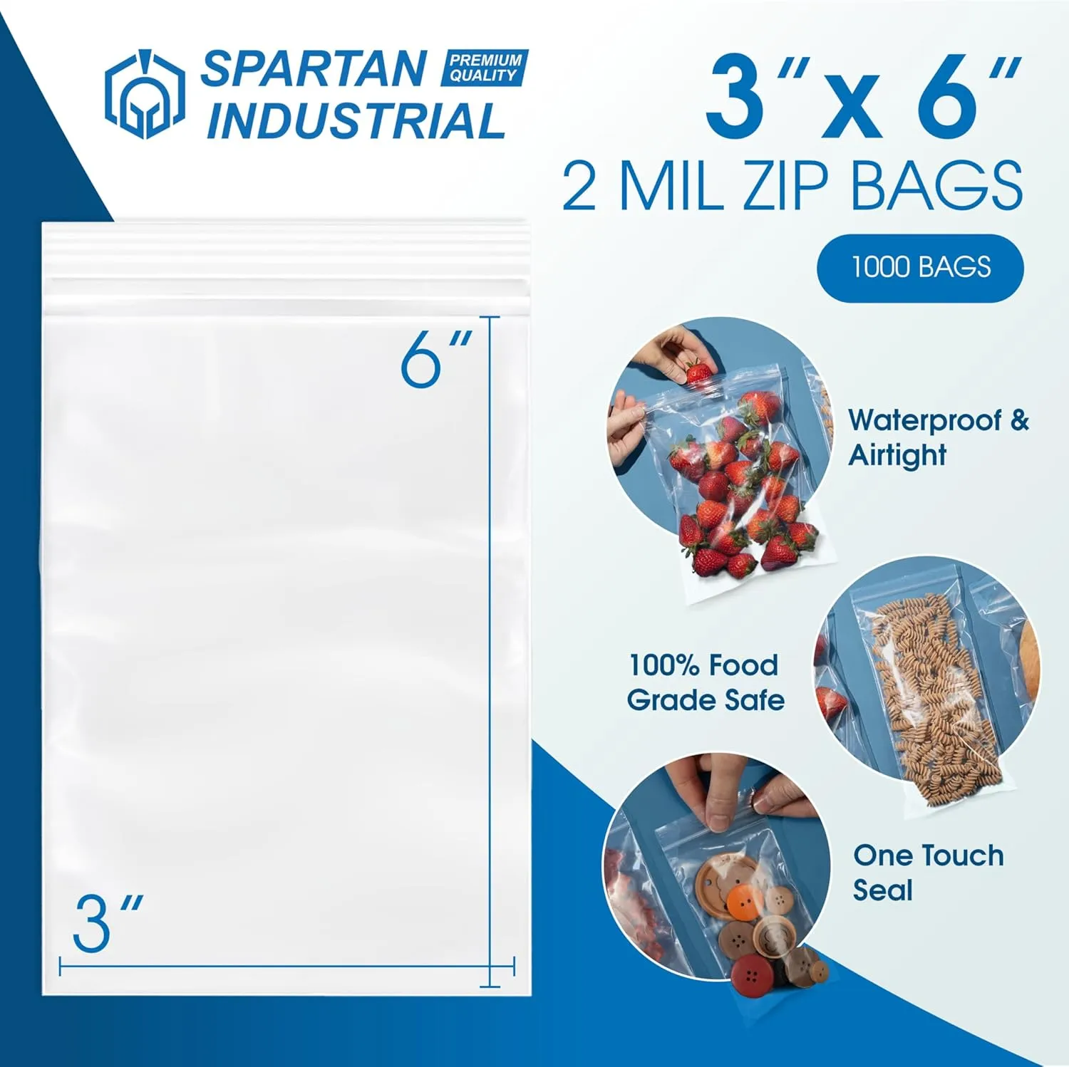 Spartan Industrial - 3” X 6” (1000 Count) 2 Mil Clear Reclosable Zip Plastic Poly Bags with Resealable Lock Seal Zipper
