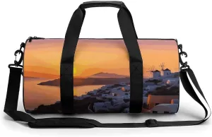 Sport Gym Duffle Travel Bag for Women Men Overnight Weekender Bag with Shoe Compartment,Wet Pocket Greece Island Sunset Landscape