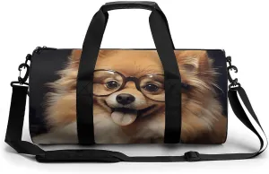Sport Gym Duffle Travel Bag for Women Men Overnight Weekender Bag with Shoe Compartment,Wet Pocket Pomeranian Dog Wearing Glasses