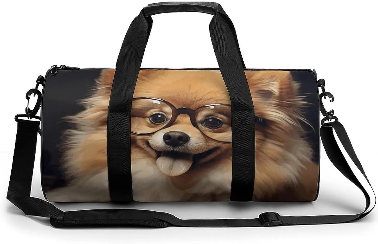 Sport Gym Duffle Travel Bag for Women Men Overnight Weekender Bag with Shoe Compartment,Wet Pocket Pomeranian Dog Wearing Glasses