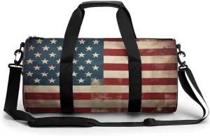 Sport Gym Duffle Travel Bag for Women Men Overnight Weekender Bag with Shoe Compartment,Wet Pocket Vintage American USA Flag