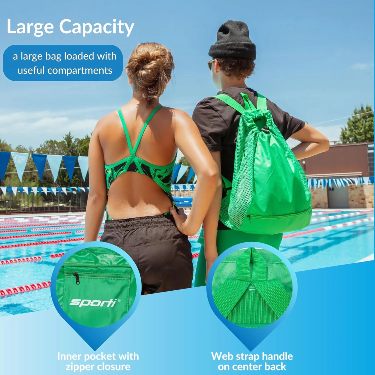 Sporti Swimming Equipment Bag Zipper Pocket, Mesh Drawstring Backpack, Drawstring Bags, Big Mesh Backpack for Workout Gear