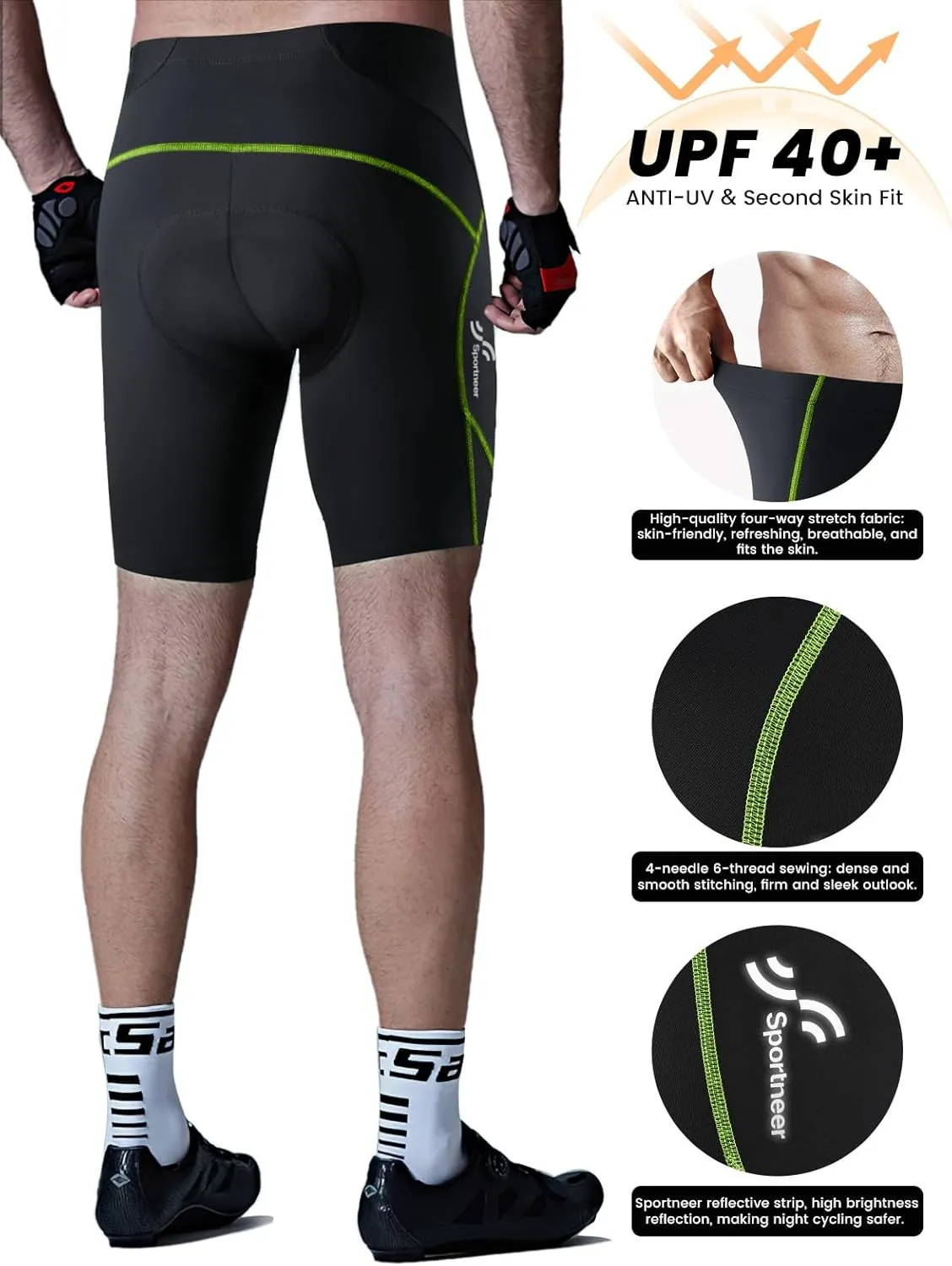 Sportneer Padded Bike Shorts for Men - 4D Padding Mens Bicycle Cycling Biking Clothing Shorts, Breathable and Absorbent