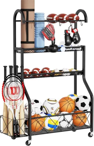 Sports Equipment Organizer, Large Golf Bag Rack with Basket, Rolling Ball Storage Cart with Wheels, Suitable for Gyms and Playgrounds