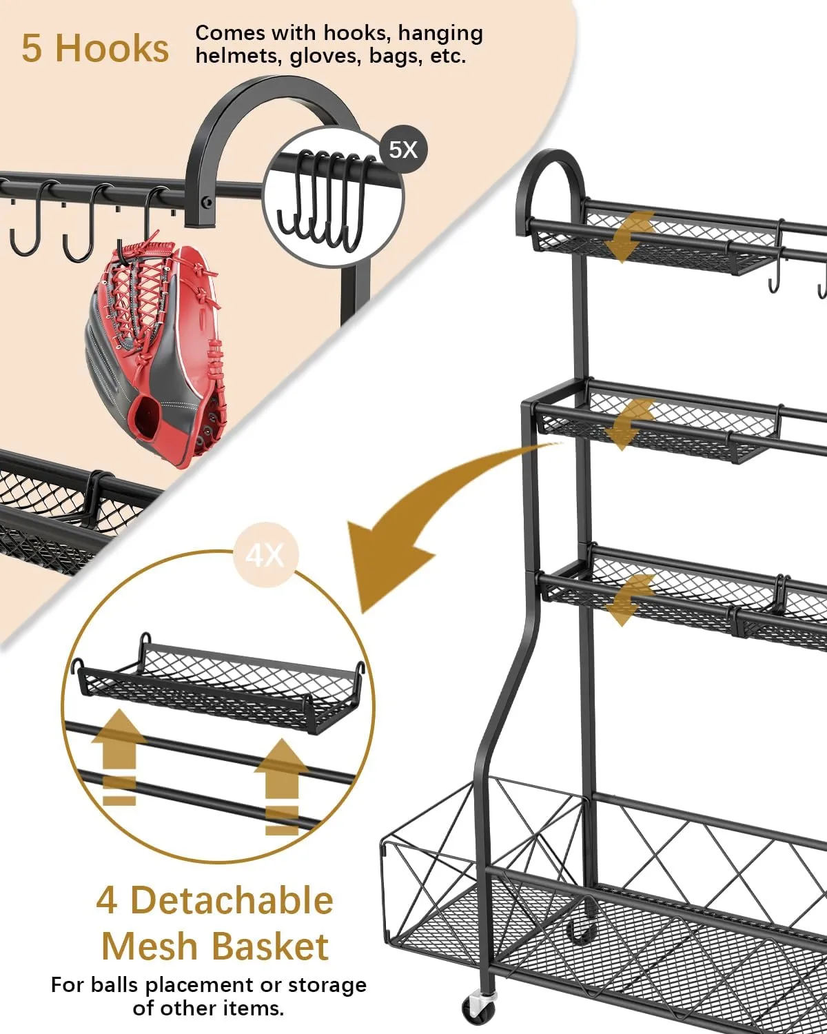 Sports Equipment Organizer, Large Golf Bag Rack with Basket, Rolling Ball Storage Cart with Wheels, Suitable for Gyms and Playgrounds
