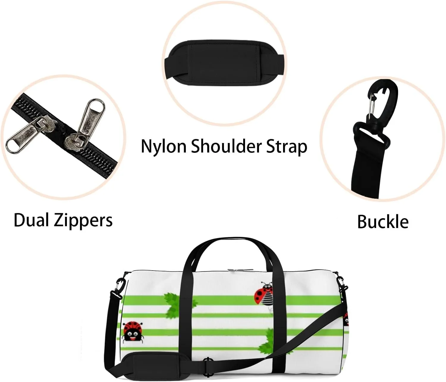 Sports Gym Bag for Women and Men Waterproof Bright Ladybird Pattern Red Black Duffel Bag Lightweight Carryon Traveling Boarding Gripsack