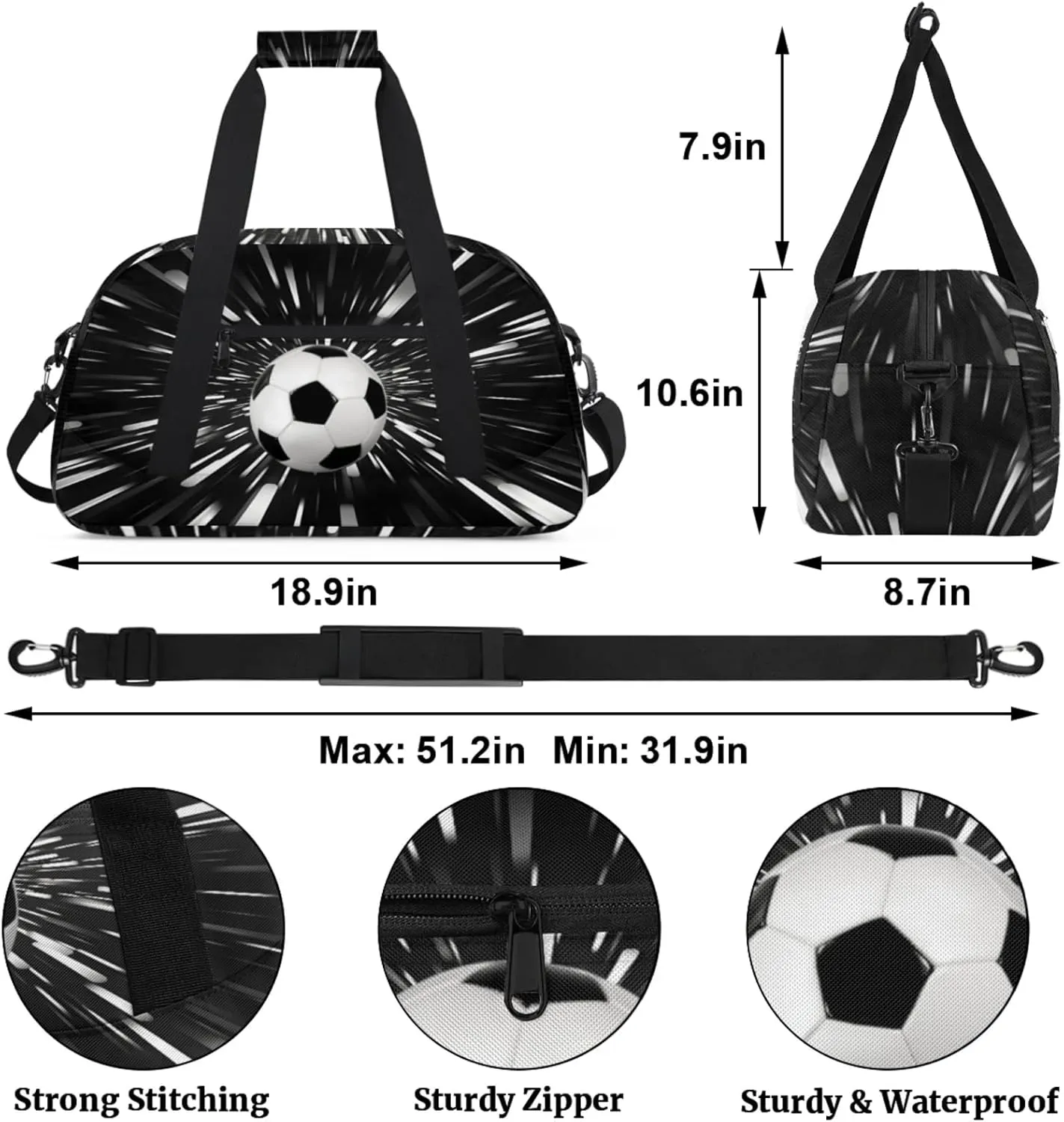 Sports Soccer Duffel Bag, Sport Gym Bag Large Compartment Cheerleaders Dance Bag Weekender Bags Travel Training Bag for Men, Abstract Black Background Black White