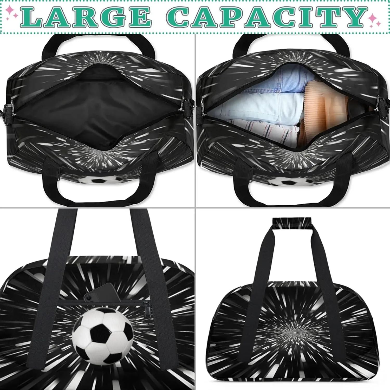 Sports Soccer Duffel Bag, Sport Gym Bag Large Compartment Cheerleaders Dance Bag Weekender Bags Travel Training Bag for Men, Abstract Black Background Black White