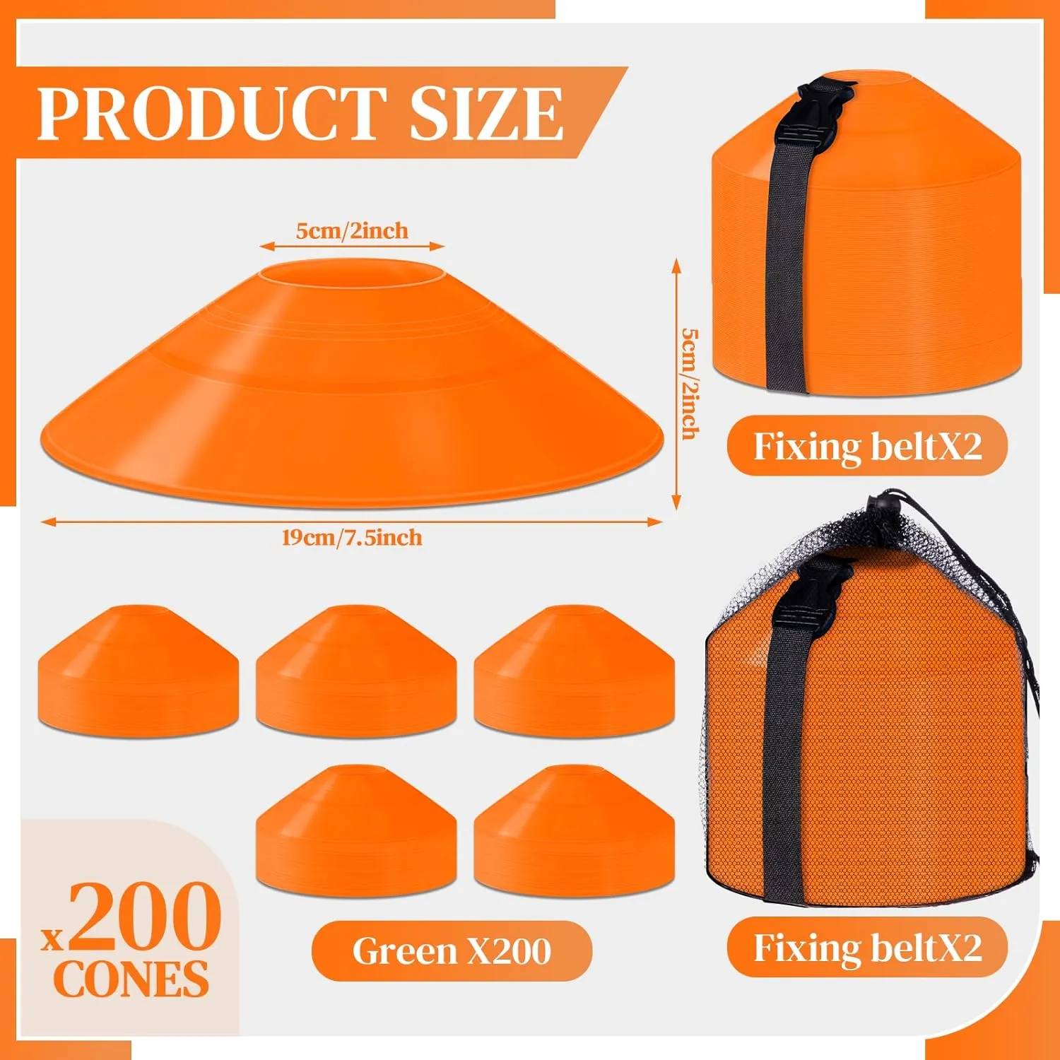 Sratte 200 Pcs Soccer Cones with Strap and Mesh Bag Agility Disc Cones Soccer Training Cones Disc Sports Cones for Drills Challenge Football Basketball Skating Kids Games Outdoor Indoor