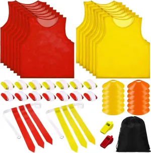 Sratte Flag Football Set 14 Player Football Flags 14 Nylon Mesh Pinnies Jerseys 14 Adjustable Belt 12 Cones for Youth, Adults and Children Training(Red, Yellow)