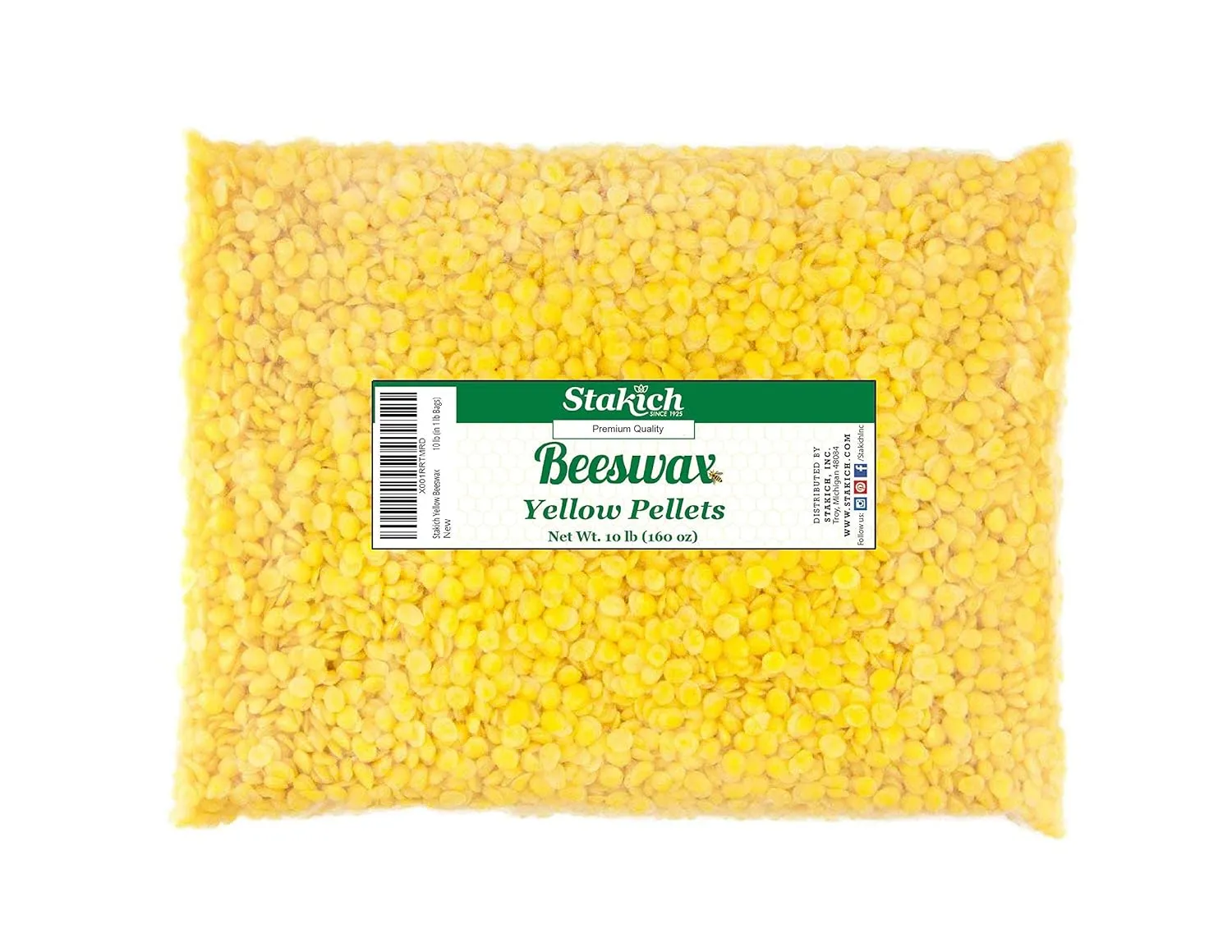 Stakich Pure Yellow Beeswax Pellets - 100% Natural, Cosmetic Grade, Premium Quality - (10 lb (in 1 lb Bags))