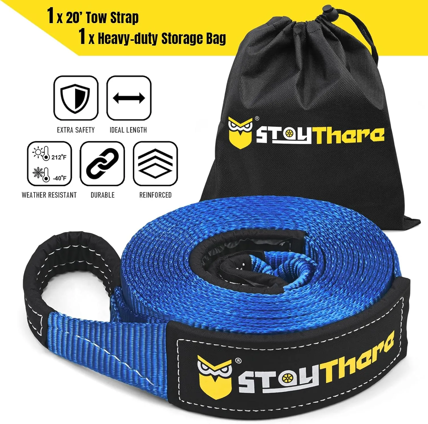 Stay There 3'' × 20ft Recovery Tow Strap, Heavy Duty with 30,000 lb Capacity-Emergency Towing Rope for Recovery Vechiles-Storage Bag (Blue)