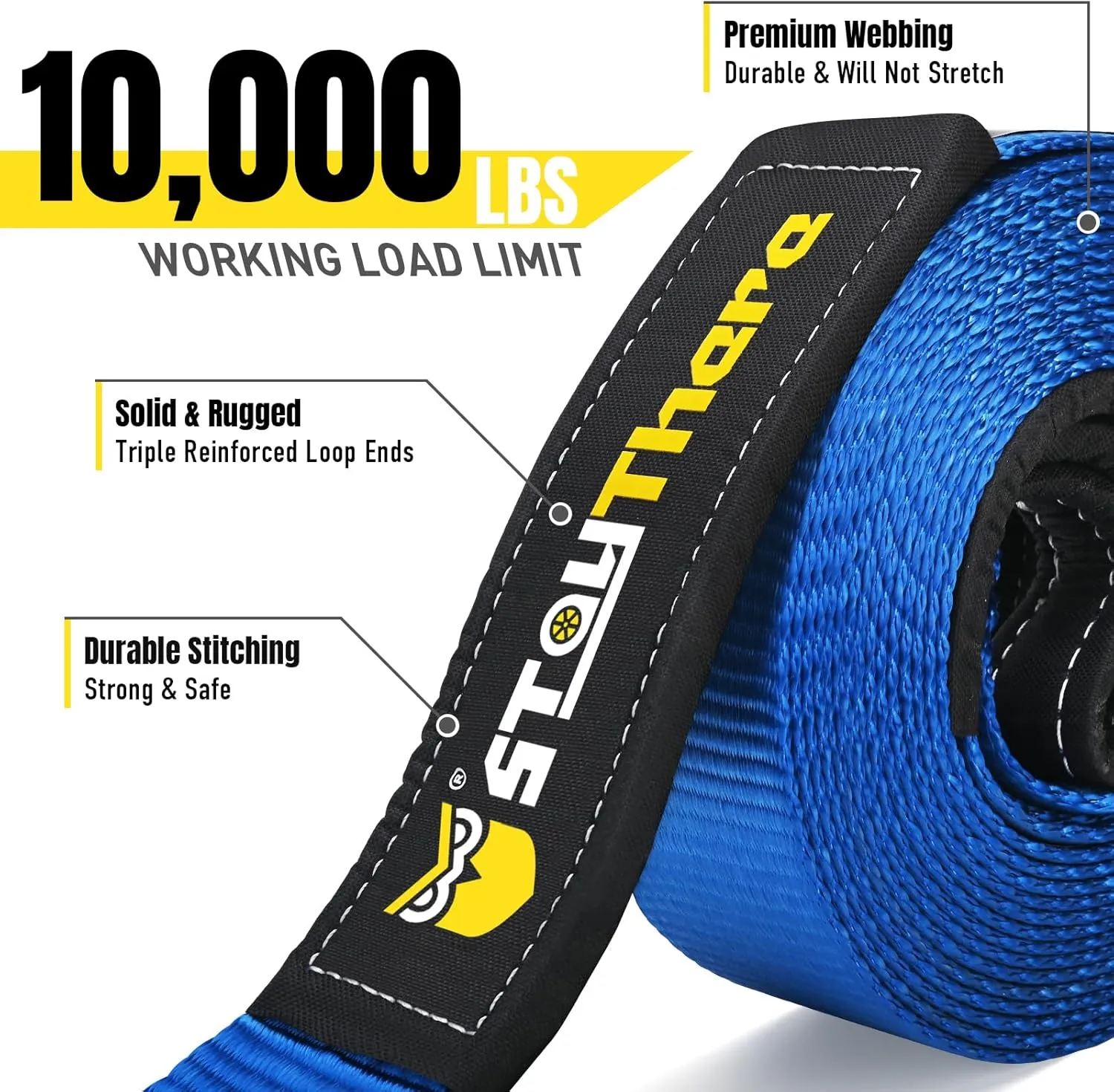 Stay There 3'' × 20ft Recovery Tow Strap, Heavy Duty with 30,000 lb Capacity-Emergency Towing Rope for Recovery Vechiles-Storage Bag (Blue)