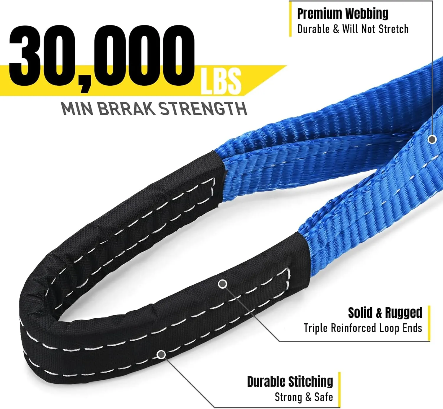 Stay There 3'' × 20ft Recovery Tow Strap, Heavy Duty with 30,000 lb Capacity-Emergency Towing Rope for Recovery Vechiles-Storage Bag (Blue)