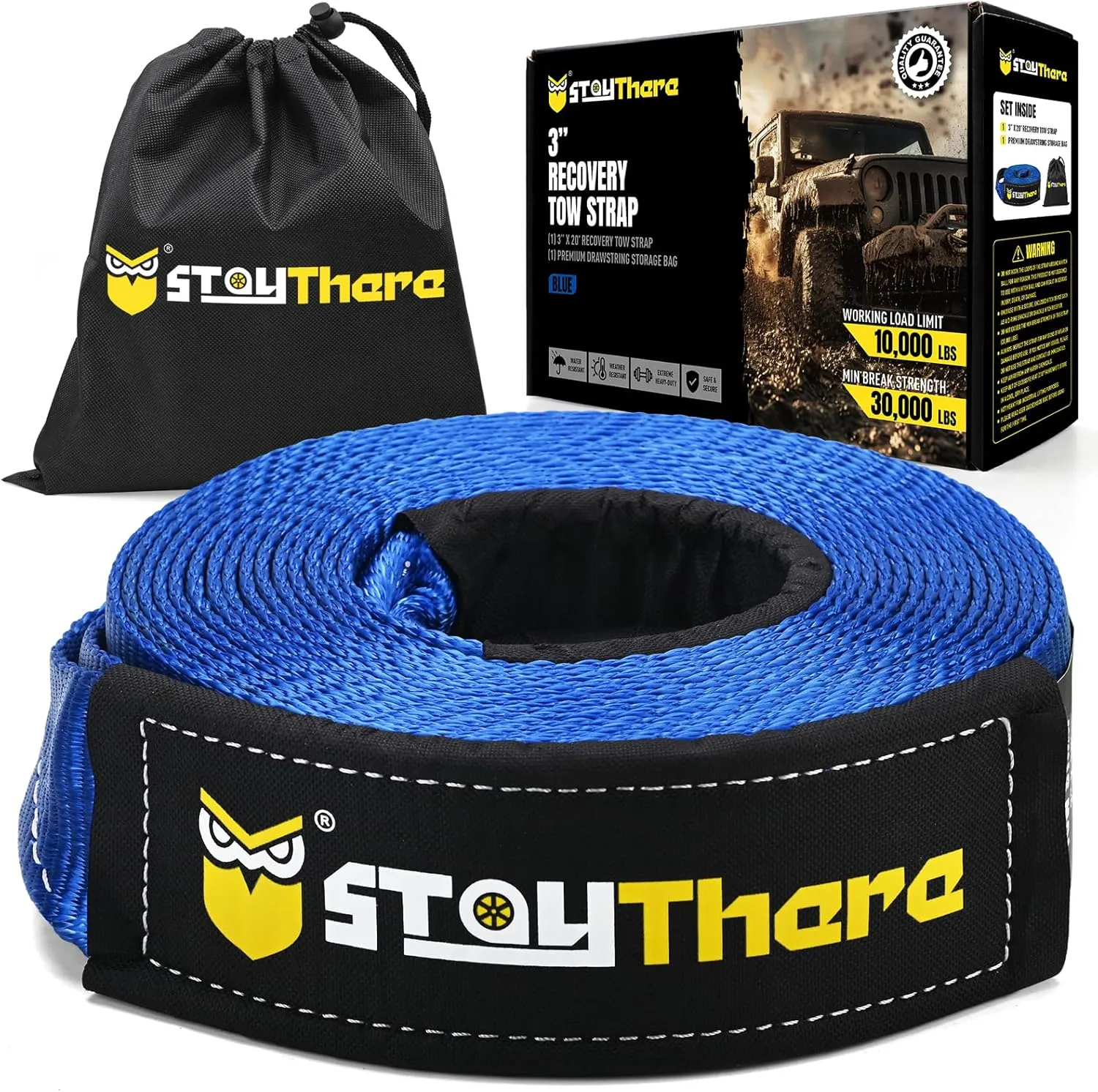 Stay There 3'' × 20ft Recovery Tow Strap, Heavy Duty with 30,000 lb Capacity-Emergency Towing Rope for Recovery Vechiles-Storage Bag (Blue)