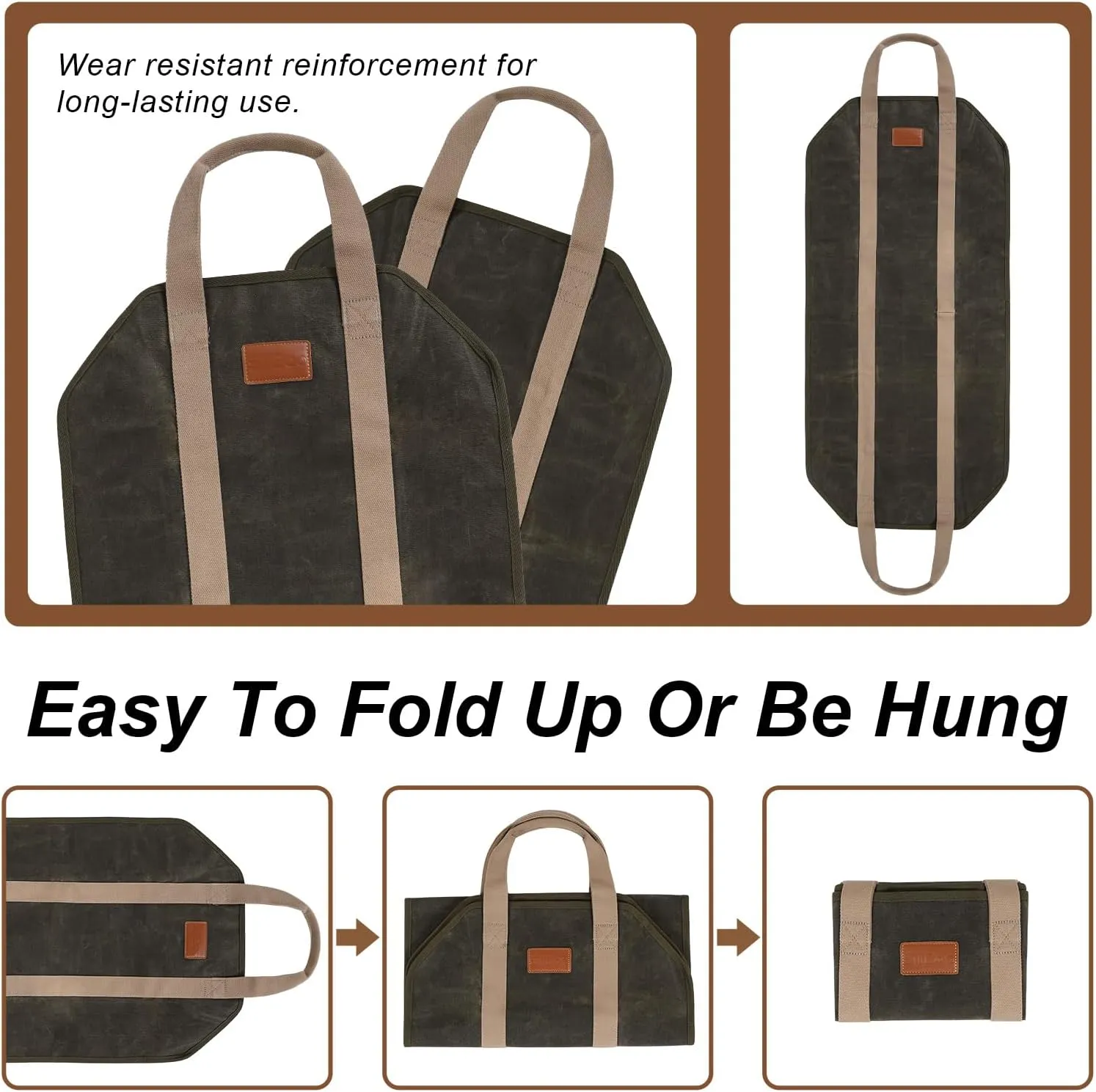 STBoo Firewood Carrier Waxed Canvas: Log Carrier for Firewood Heavy Duty | Fire Wood Carrier Tote Bag | Fireplace Log Holders for Firepit Outdoor Camping, Indoor, Wood Stove Accessories Gift, Geen