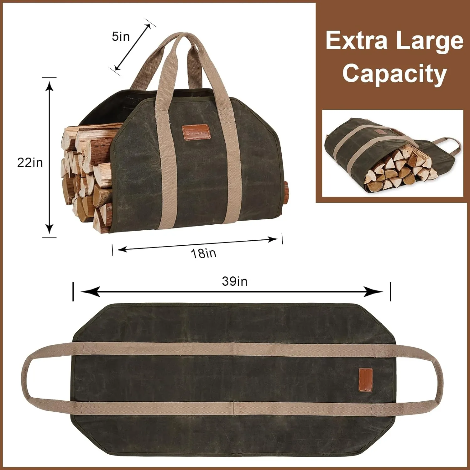STBoo Firewood Carrier Waxed Canvas: Log Carrier for Firewood Heavy Duty | Fire Wood Carrier Tote Bag | Fireplace Log Holders for Firepit Outdoor Camping, Indoor, Wood Stove Accessories Gift, Geen