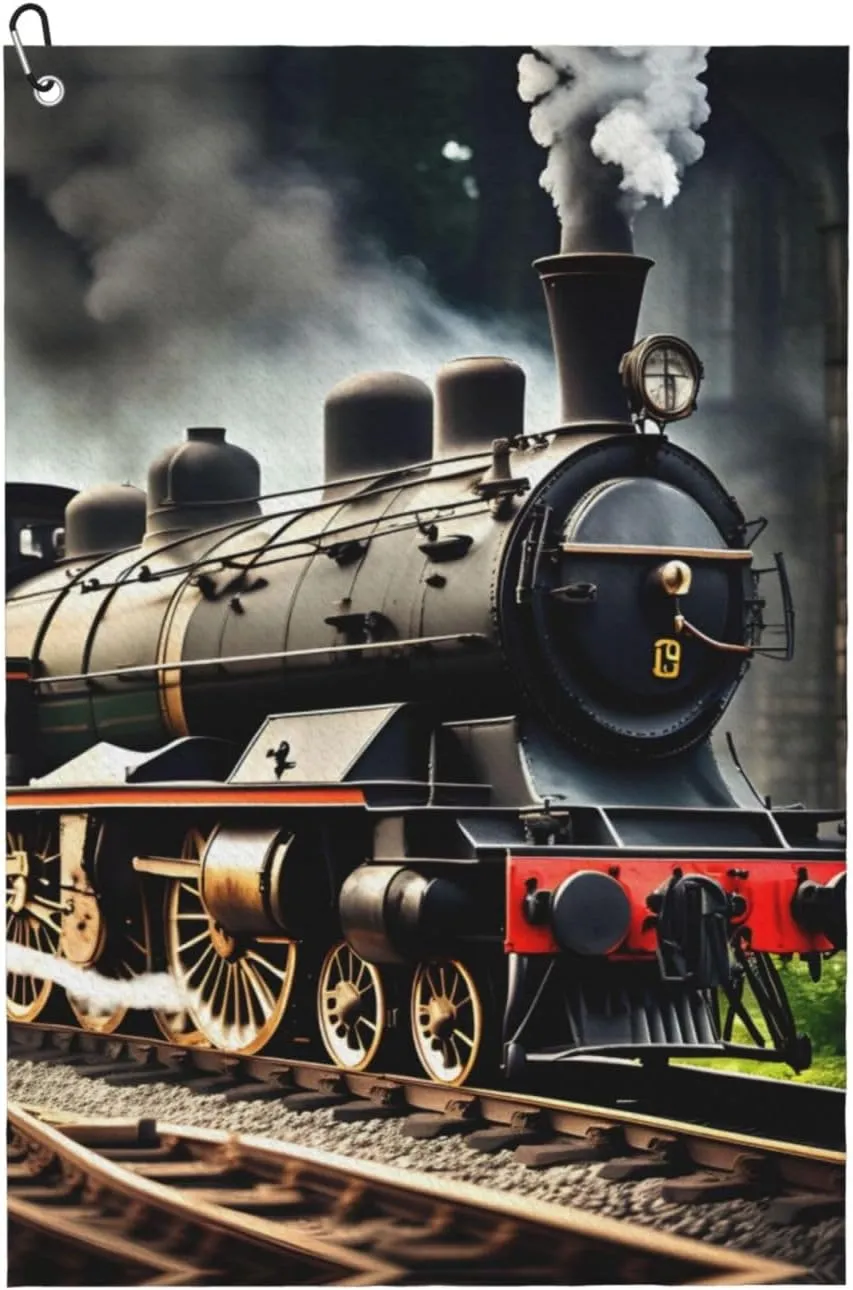 Steam Locomotive Train Print Fashion Golf Towel Golf Bag Accessory, for Men and Women with Carabiner Clip