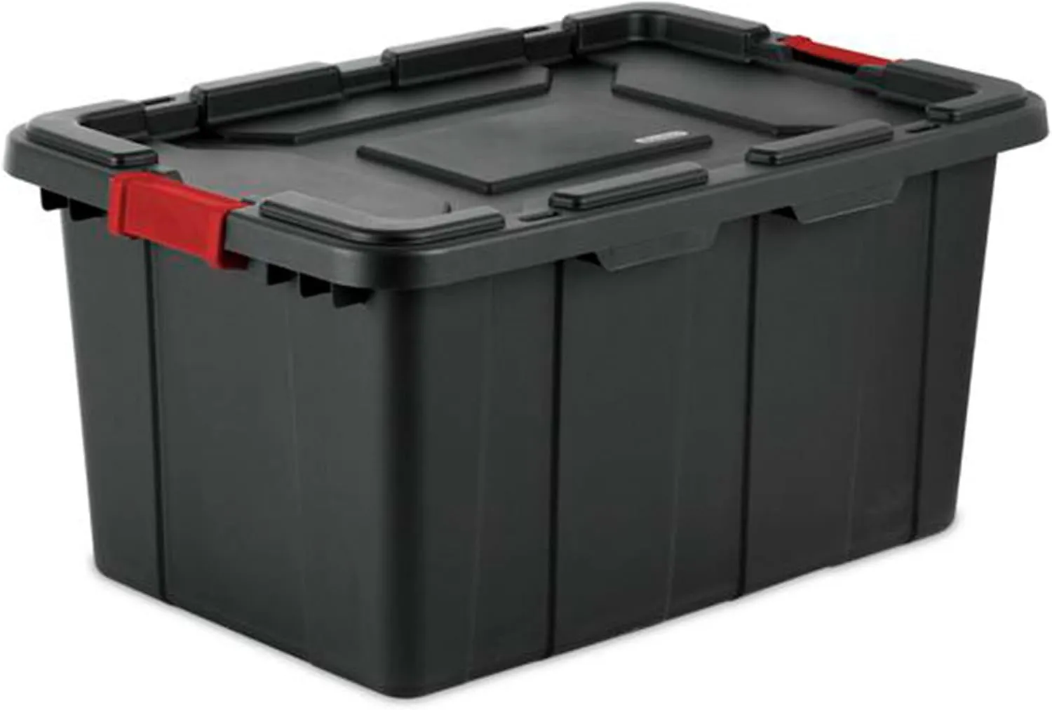 Sterilite 27 Gal Industrial Tote, Stackable Storage Bin with Latching Lid, Plastic Container with Heavy Duty Latches, Black Base and Lid, 1-Pack