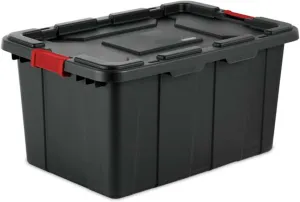 Sterilite 27 Gal Industrial Tote, Stackable Storage Bin with Latching Lid, Plastic Container with Heavy Duty Latches, Black Base and Lid, 1-Pack
