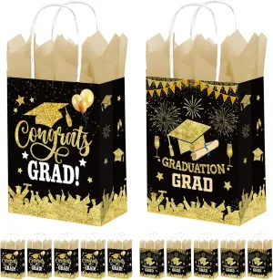 Subacy 12 Pack 2025 Graduation Gift Bags with Tissue Paper Bulk Grad Party Treat Bag with Handles for High School, College, Kindergarten, 8th Grade（Black）