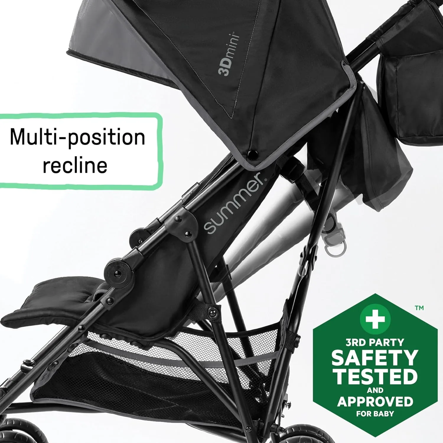 Summer by Ingenuity 3D Mini Convenience Stroller – Lightweight Stroller with Compact Fold, Multi-Position Recline, Canopy with Pop Out Sun Visor and More – Umbrella Stroller for Travel and More, Gray
