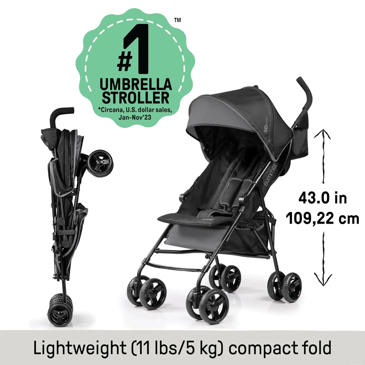 Summer by Ingenuity 3D Mini Convenience Stroller – Lightweight Stroller with Compact Fold, Multi-Position Recline, Canopy with Pop Out Sun Visor and More – Umbrella Stroller for Travel and More, Gray