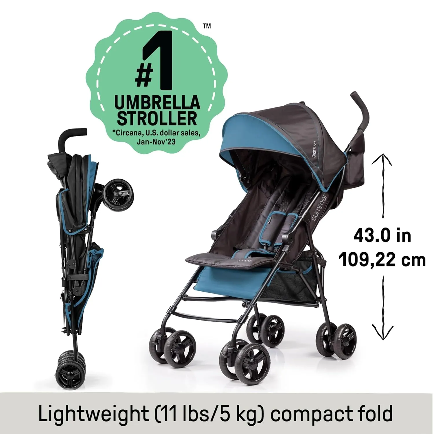 Summer by Ingenuity 3D Mini Convenience Stroller – Lightweight Stroller with Compact Fold, Multi-Position Recline, Canopy with Pop Out Sun Visor – Umbrella Stroller for Travel & More, Blue/Black