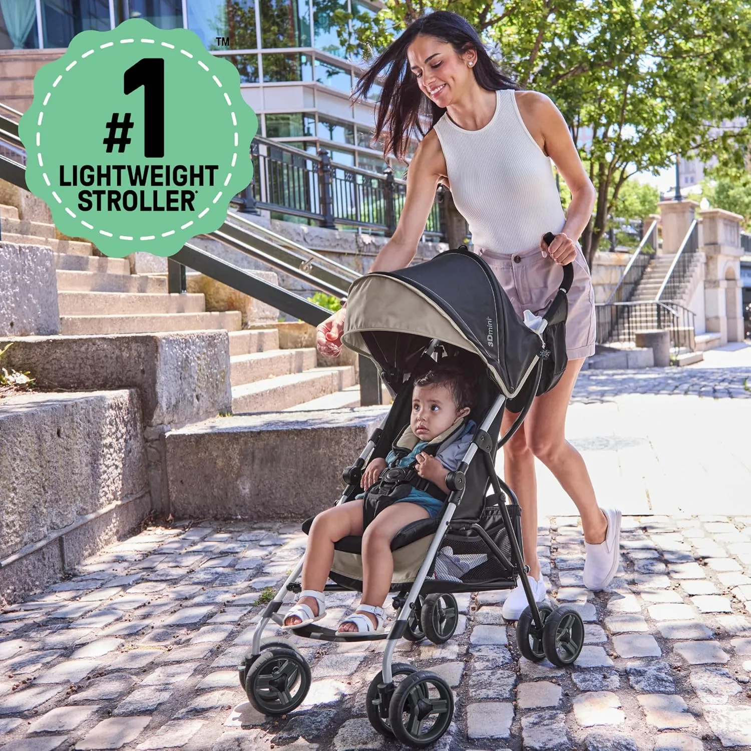 Summer by Ingenuity 3D Mini Convenience Stroller – Lightweight Stroller with Compact Fold, Multi-Position Recline, Canopy with Pop Out Sun Visor – Umbrella Stroller for Travel and More, Cashew Tan