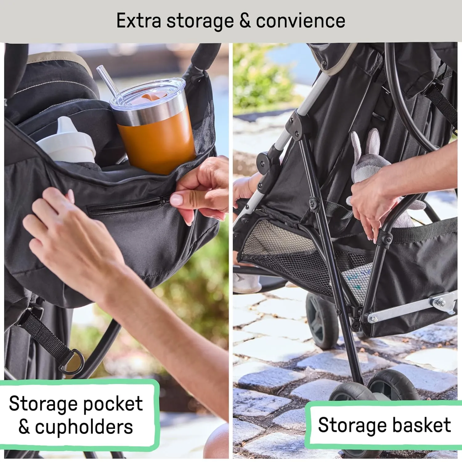 Summer by Ingenuity 3D Mini Convenience Stroller – Lightweight Stroller with Compact Fold, Multi-Position Recline, Canopy with Pop Out Sun Visor – Umbrella Stroller for Travel and More, Cashew Tan