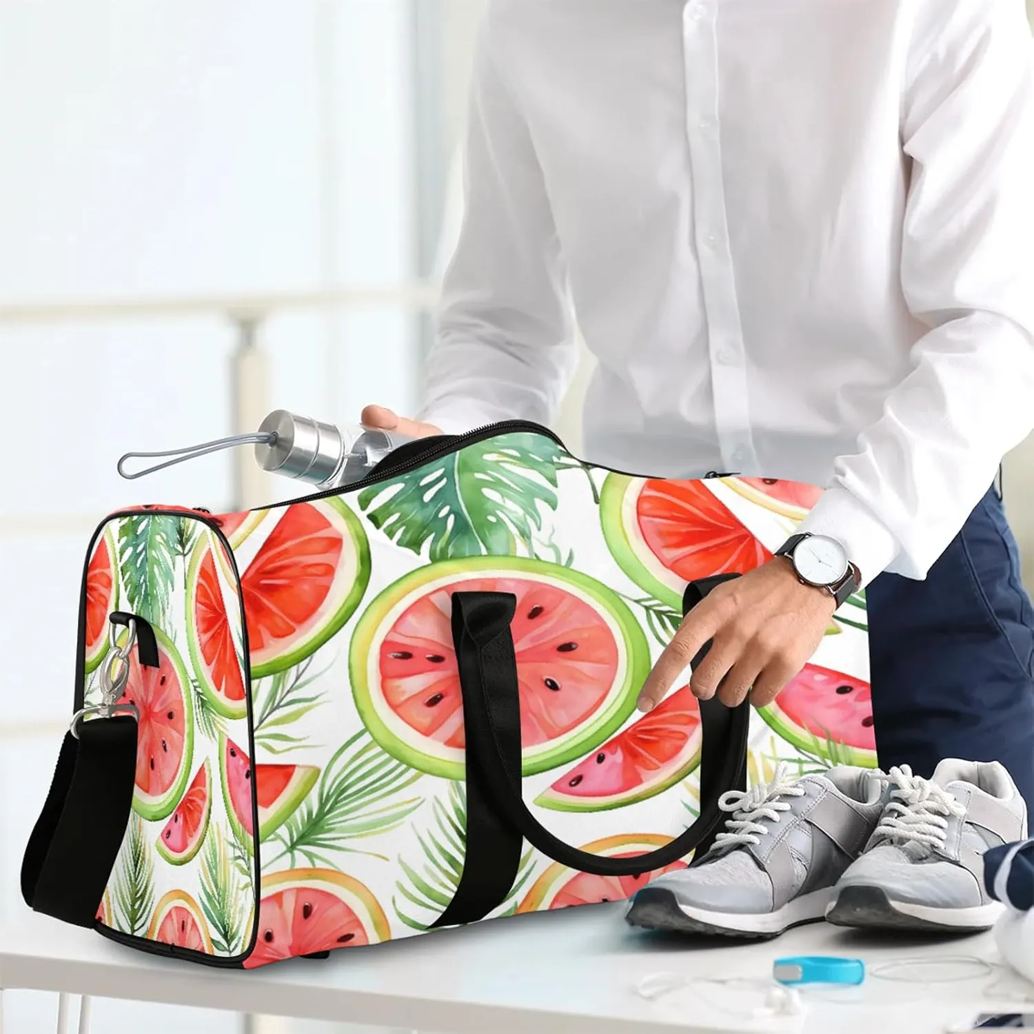Summer Cartoon Fruit Watermelon Travel Duffle Bag, Sports Gym Bags for Women Men, Carry On Weekender Overnight Workout Airplane Trips Bag
