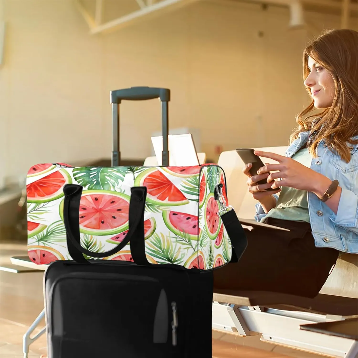 Summer Cartoon Fruit Watermelon Travel Duffle Bag, Sports Gym Bags for Women Men, Carry On Weekender Overnight Workout Airplane Trips Bag