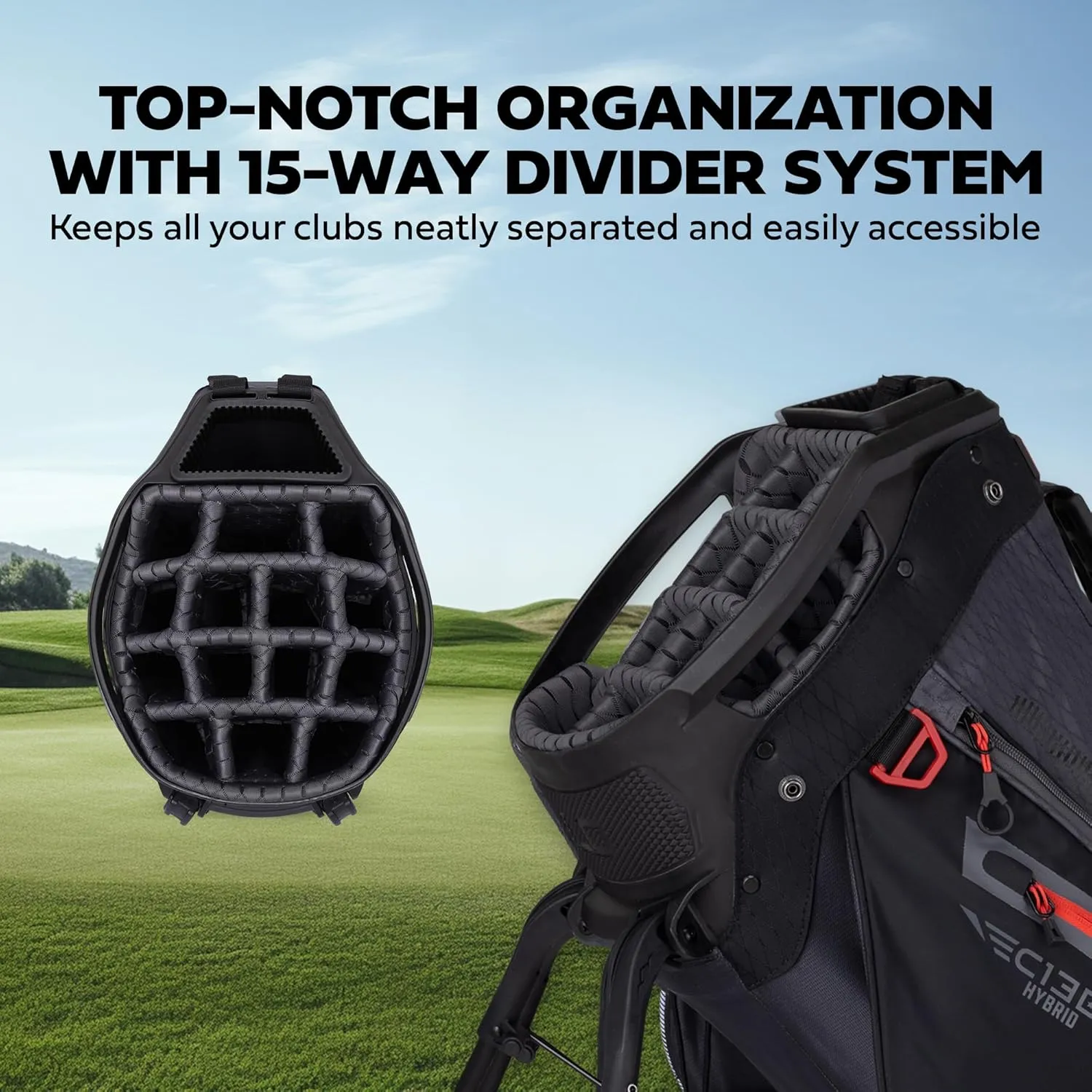 Sun Mountain 2025 C-130 Hybrid Golf Bag with 15 Full-Length Dividers and 9 Pockets for Ultimate Convenience - Lightweight Mens Golf Bag with a Cart-Friendly Base for Golf Carts