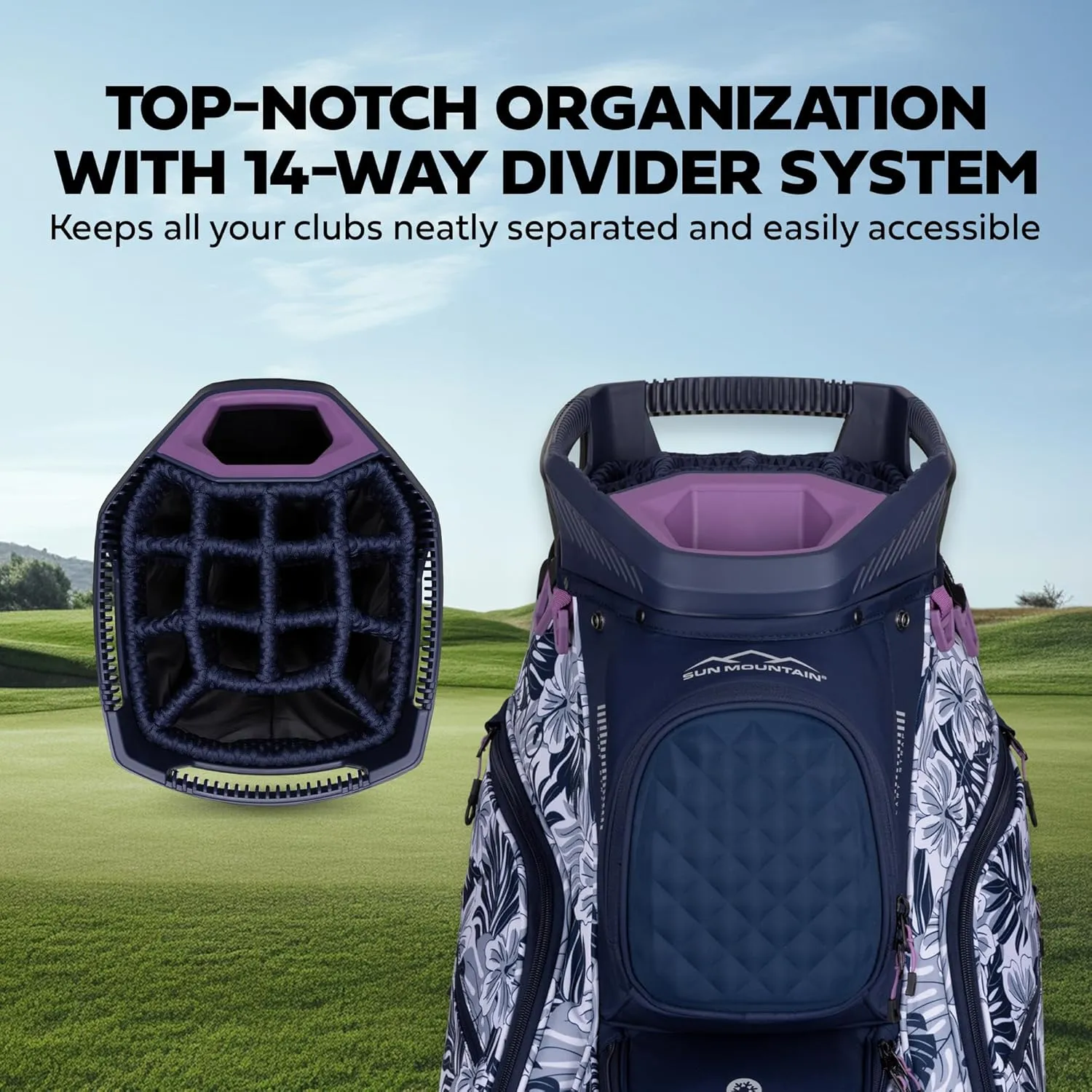 Sun Mountain 2025 Diva 14 Way Divider Golf Bag with 8 Spacious Pockets - Stylish Women's Lightweight Golf Cart Bag with Comfortable Carry Strap for a Seamless Golf Experience