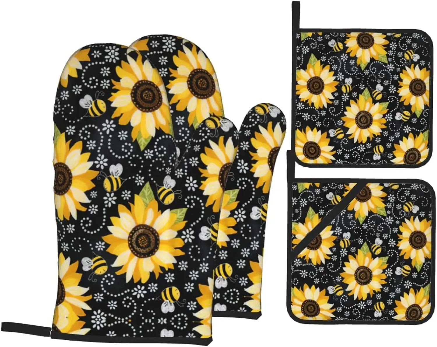 Sunflower Bee Print Convenient Oven Mitts Pot Holders Set Duty Heat Resistant Gloves with Quilted Liner
