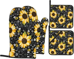 Sunflower Bee Print Convenient Oven Mitts Pot Holders Set Duty Heat Resistant Gloves with Quilted Liner