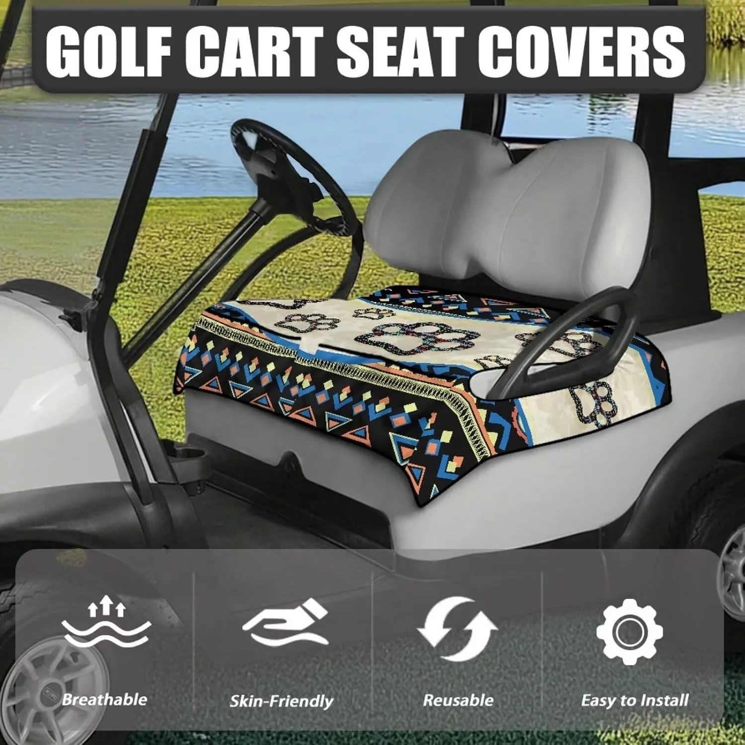 Suobstales Golf Cart Seat Covers Breathable Golf Cart Seat Blanket Towel for Club Car EZGO TXT RXV Golf Carts with 4 Pockets
