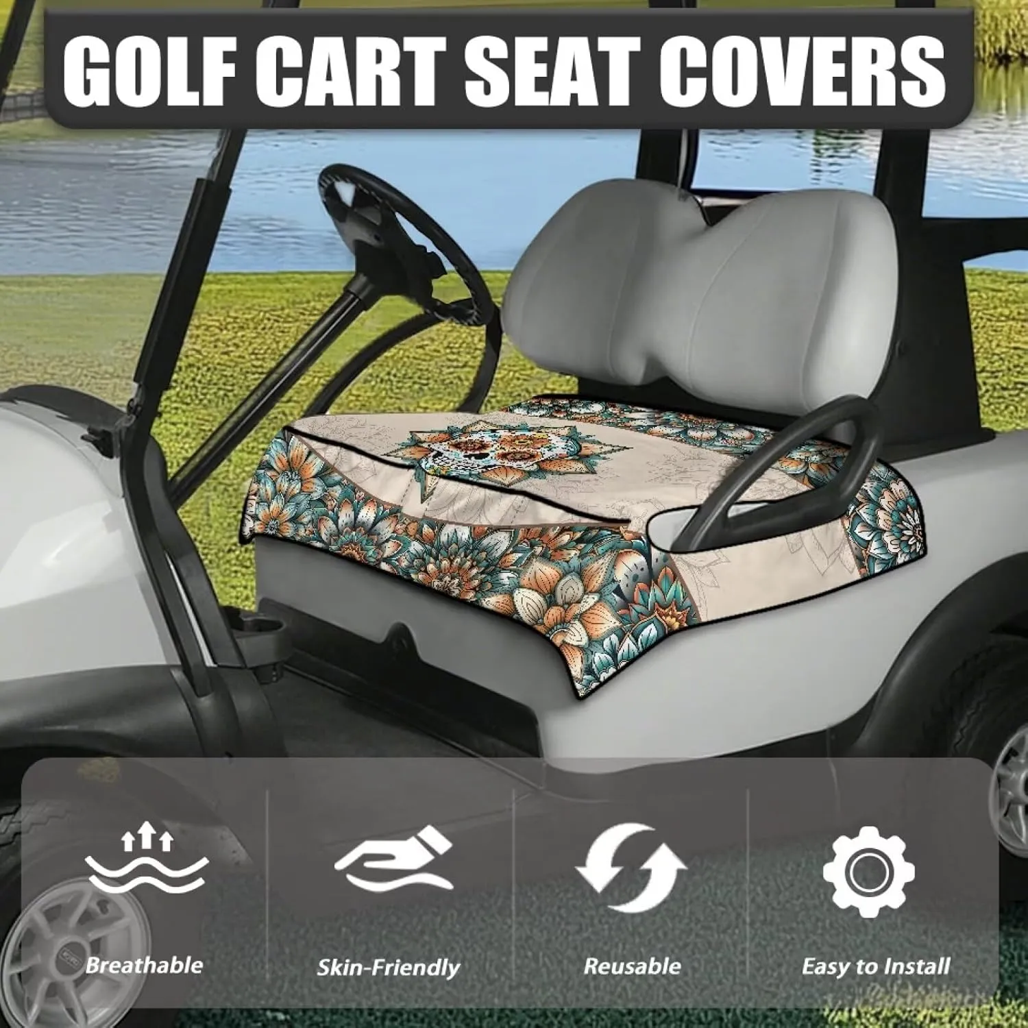 Suobstales Golf Cart Seat Covers Breathable Golf Cart Seat Blanket Towel for Club Car EZGO TXT RXV Golf Carts with 4 Pockets