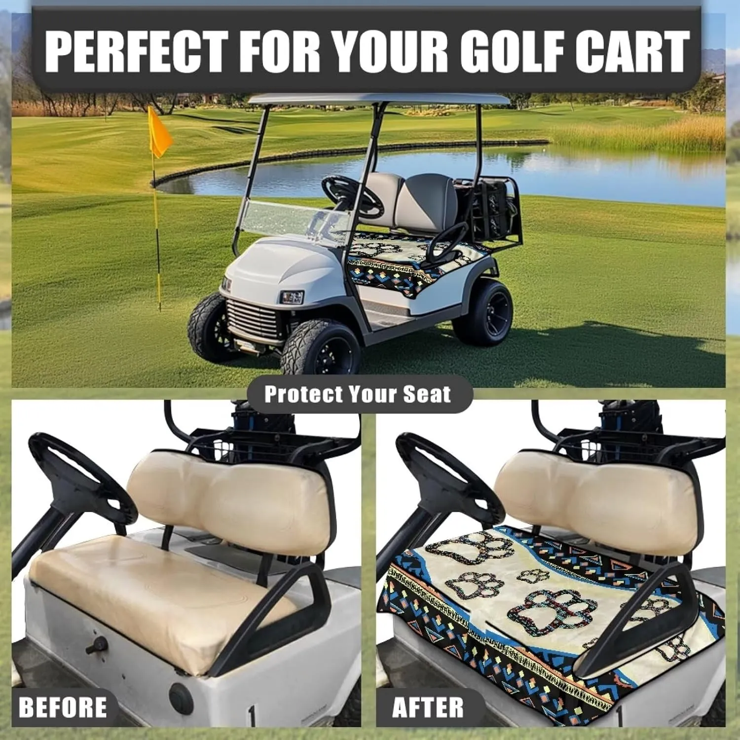 Suobstales Golf Cart Seat Covers Breathable Golf Cart Seat Blanket Towel for Club Car EZGO TXT RXV Golf Carts with 4 Pockets