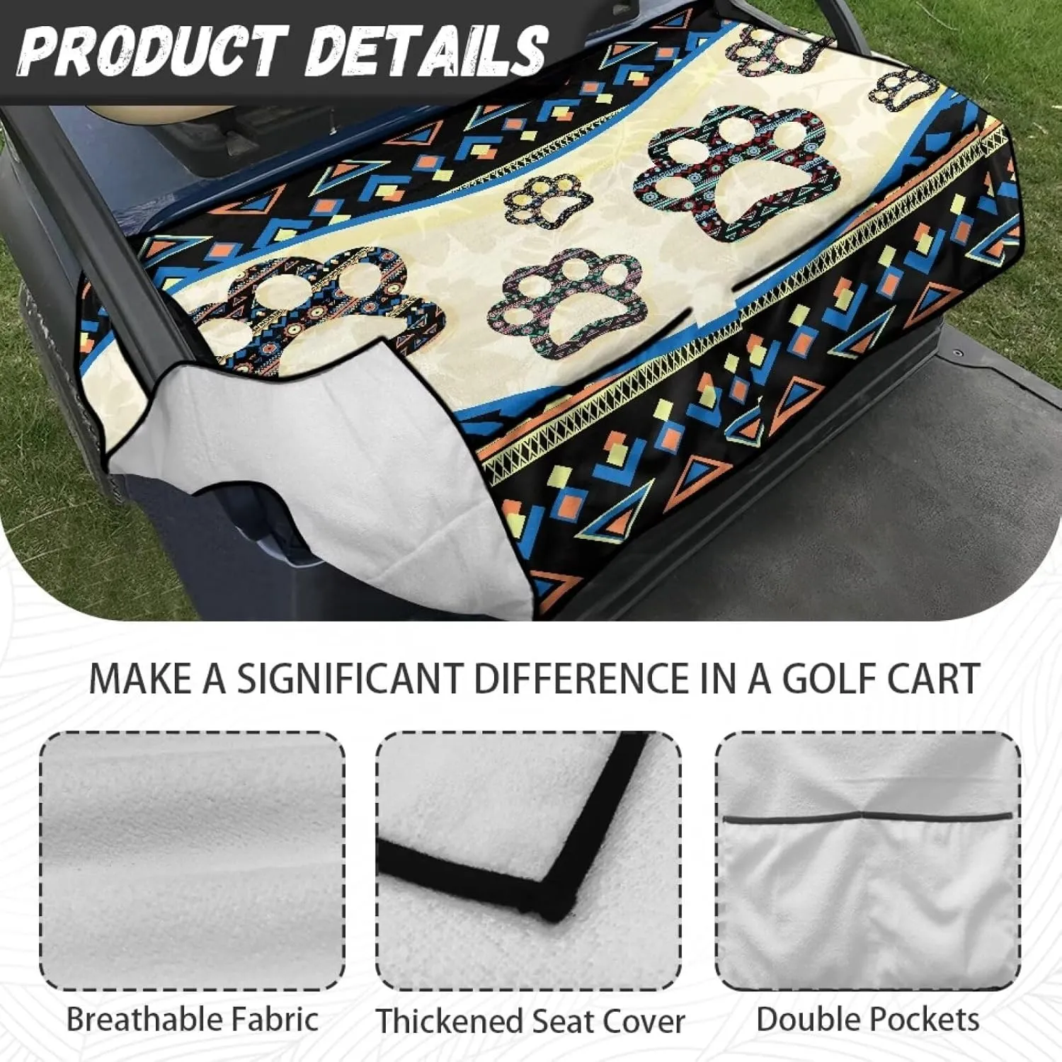 Suobstales Golf Cart Seat Covers Breathable Golf Cart Seat Blanket Towel for Club Car EZGO TXT RXV Golf Carts with 4 Pockets