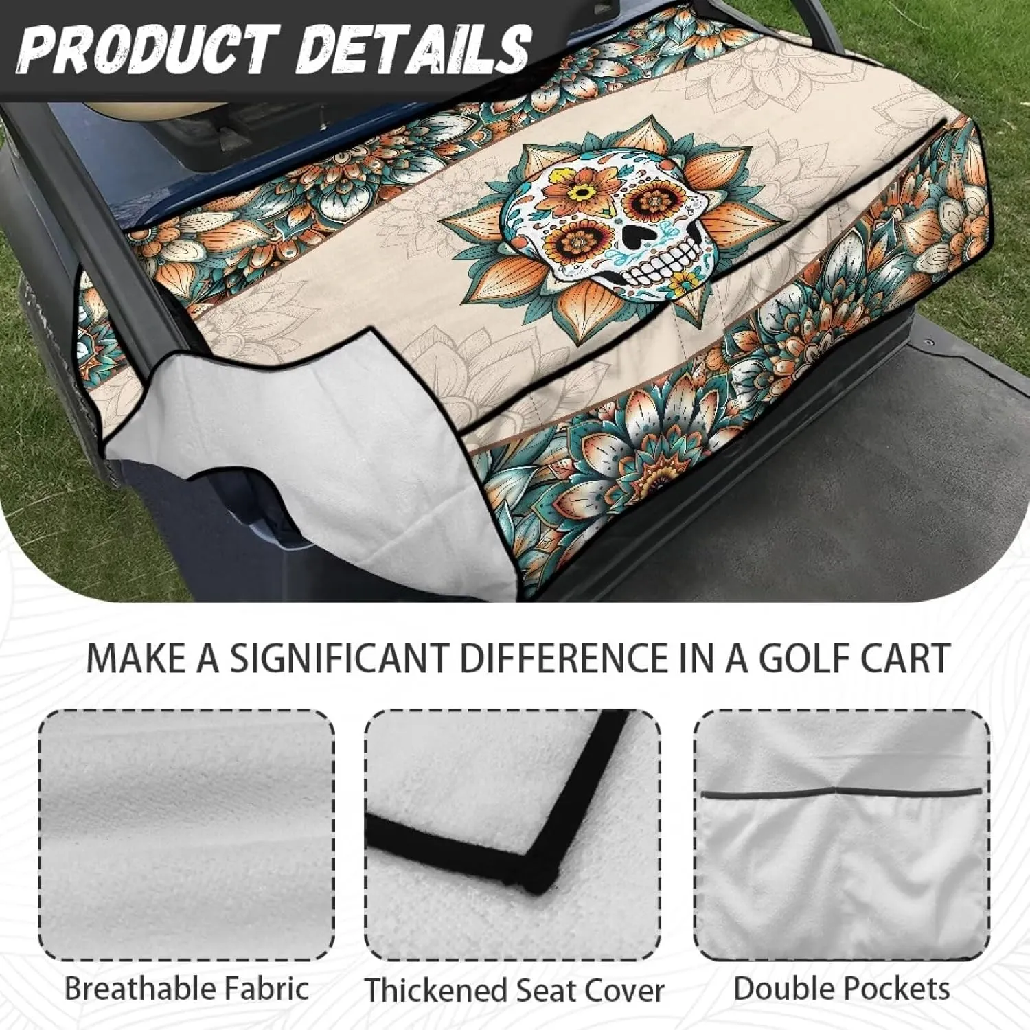 Suobstales Golf Cart Seat Covers Breathable Golf Cart Seat Blanket Towel for Club Car EZGO TXT RXV Golf Carts with 4 Pockets