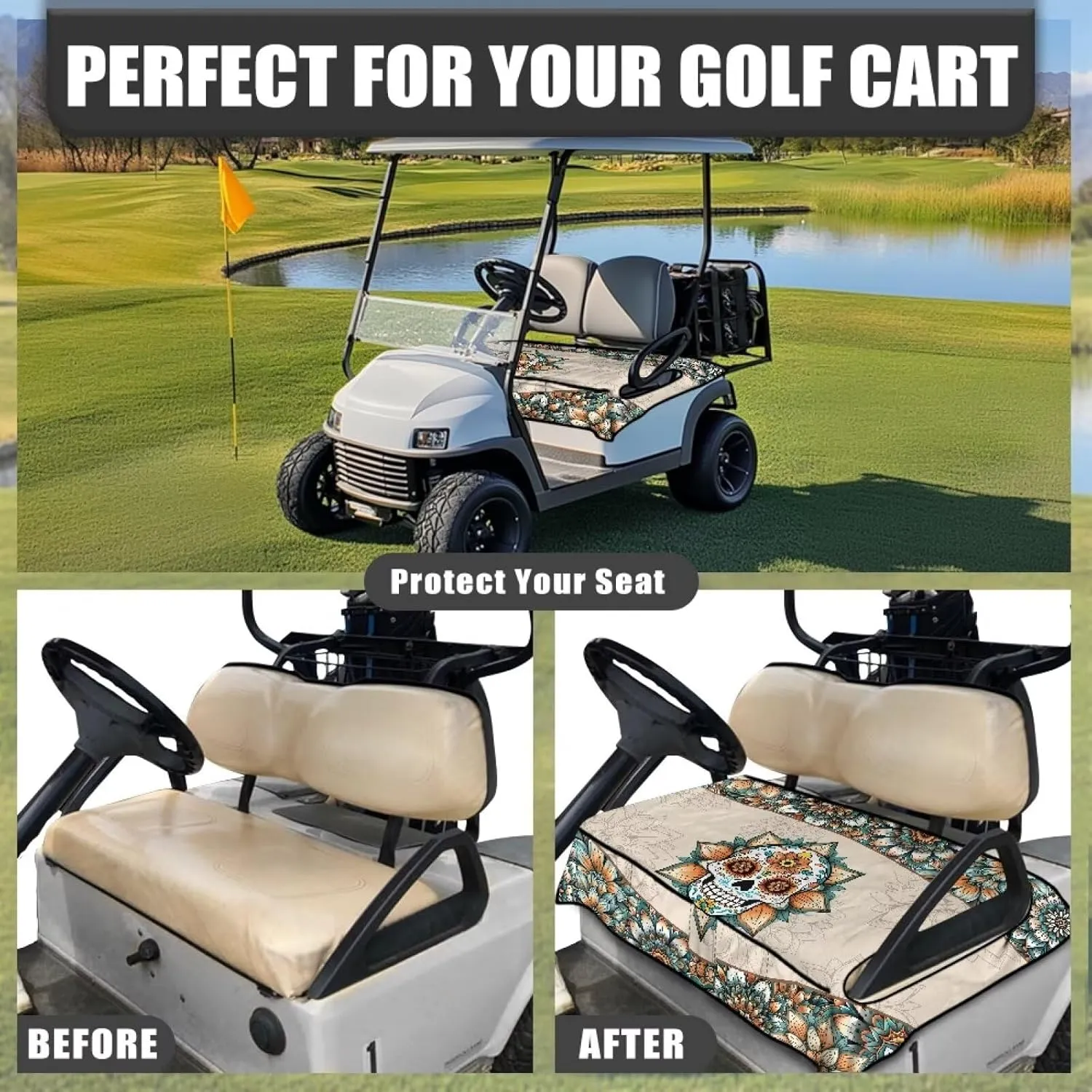 Suobstales Golf Cart Seat Covers Breathable Golf Cart Seat Blanket Towel for Club Car EZGO TXT RXV Golf Carts with 4 Pockets