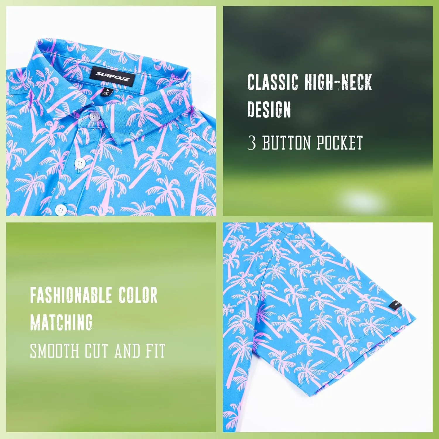 SURF CUZ Golf Shirt Moisture Wicking for Men Dry Fit Polo Shirts Short Sleeve Print Performance 4-Way Stretch