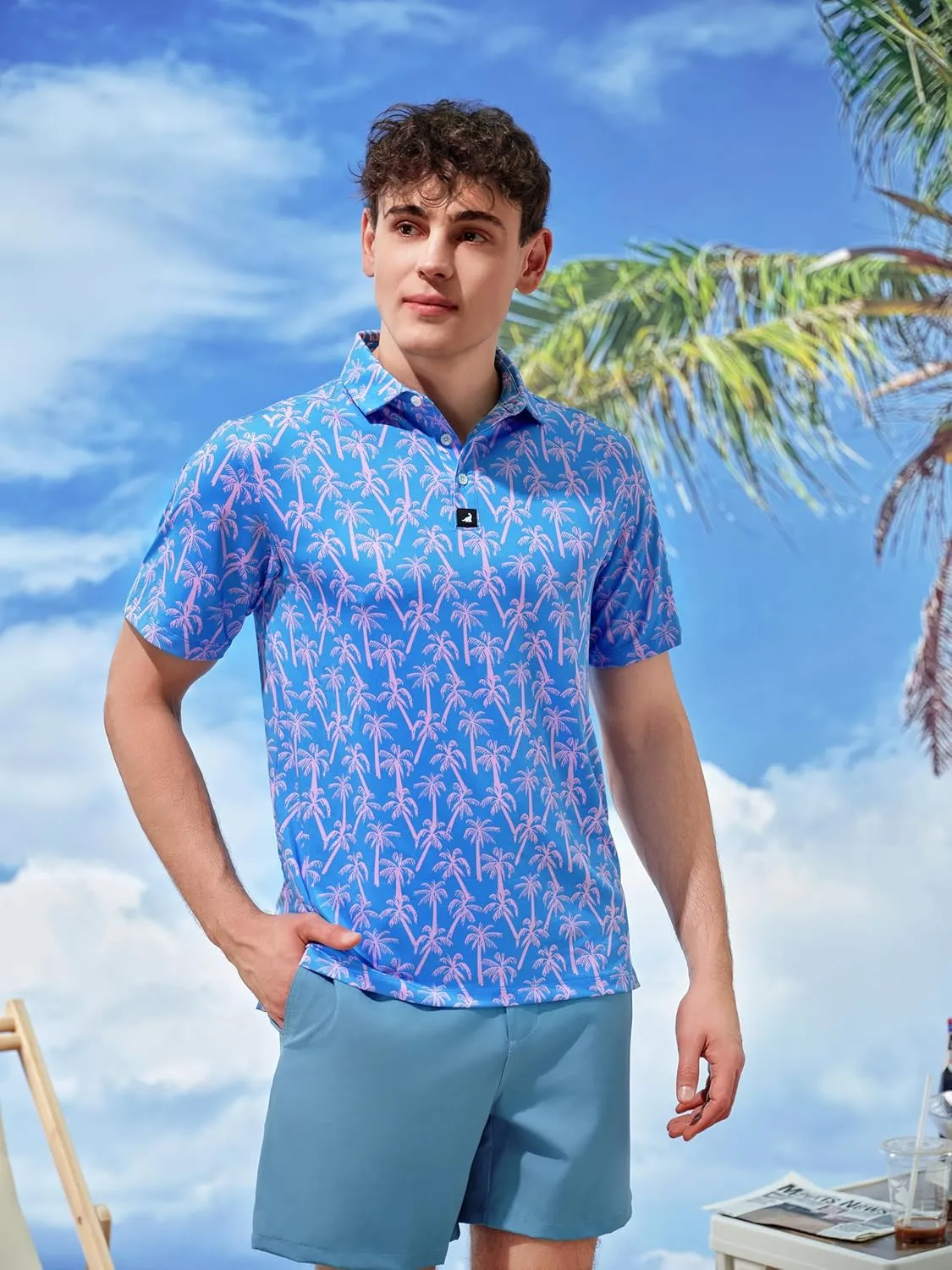SURF CUZ Golf Shirt Moisture Wicking for Men Dry Fit Polo Shirts Short Sleeve Print Performance 4-Way Stretch