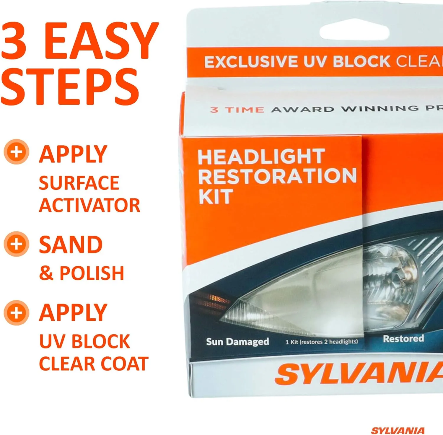 SYLVANIA - Headlight Restoration Kit - 3 Easy Steps to Restore Sun Damaged Headlights with Exclusive UV Block Clear Coat, Light Output and Beam Pattern Restored, Long Lasting Headlight Restorer Kit