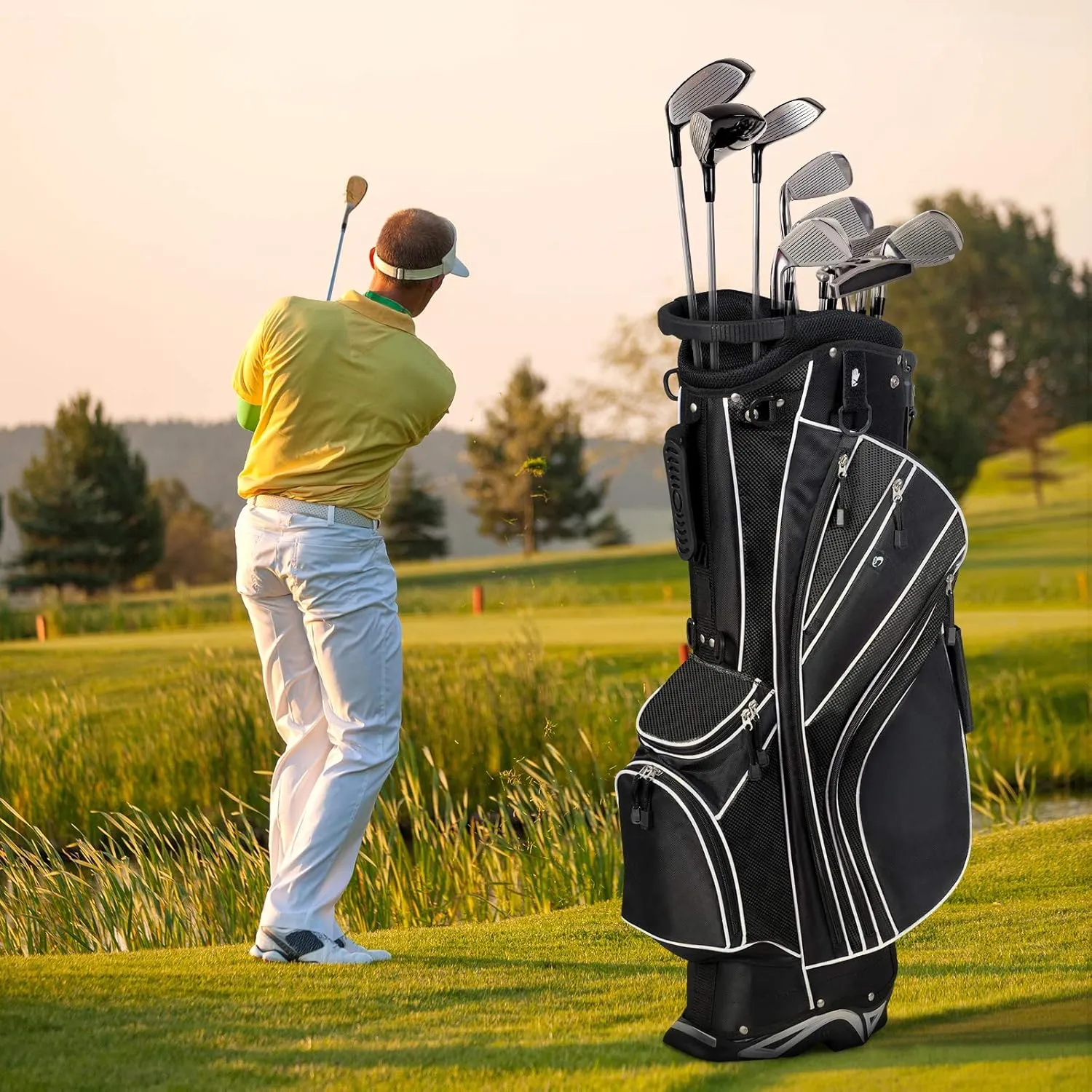 Tangkula Golf Stand Bag with 6 Way Top Dividers, Lightweight Golf Bag with Adjustable Dual Strap & 8 Pockets, Waterproof Rain Hood, Portable for Men Women